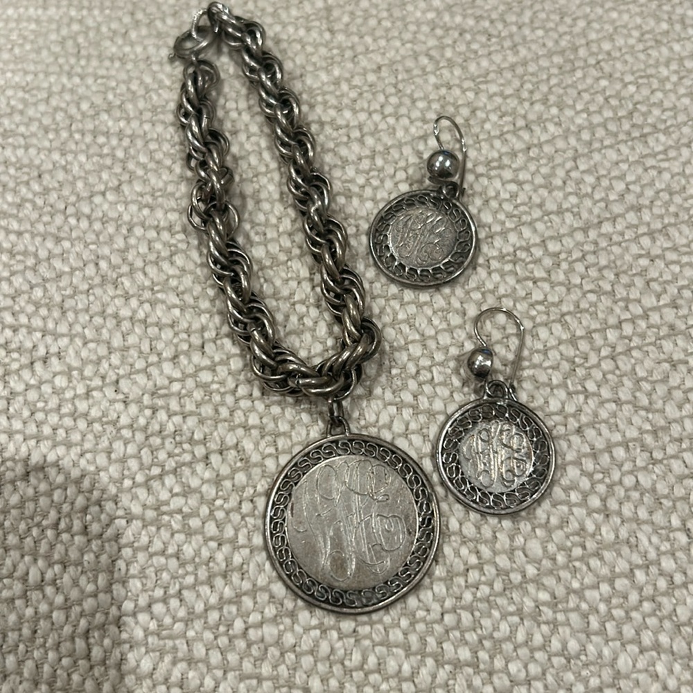 Vintage sterling silver bracelet and earrings “vHe” monogram